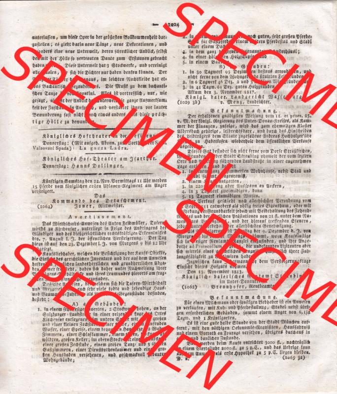1807-1833, Bayern München: Baierische National-Zeitung 1817, Nr. 275, von München, Donnerstag den 20. November 1817, Seite 1024 (1) Sammlung