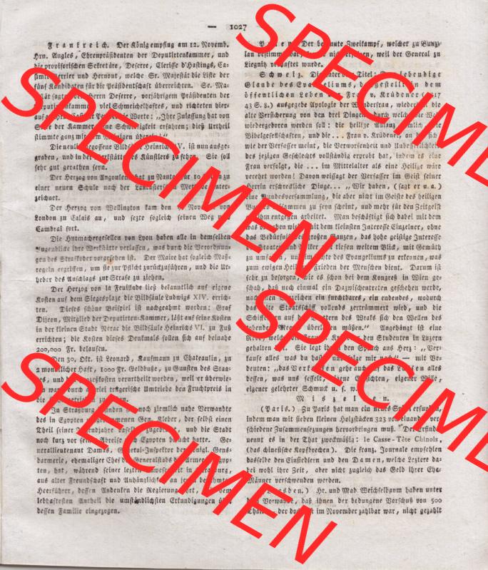 1807-1833, Bayern München: Baierische National-Zeitung 1817, Nr. 277, von München, Sonnabend den 22. November 1817, Seite 1027 (1) Sammlung