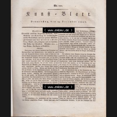 1807-1865, Morgenblatt für gebildete Stände 1821, Nro. 298, 13. Dezember 1821, Kunst Blatt Nro. 100. Seite 397, Cover / Titelblatt Sammlung