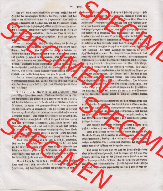 1807-1833, Bayern München: Baierische National-Zeitung 1817, Nr. 278, von München, Montag den 24. November 1817, Seite 1031 (1) Sammlung
