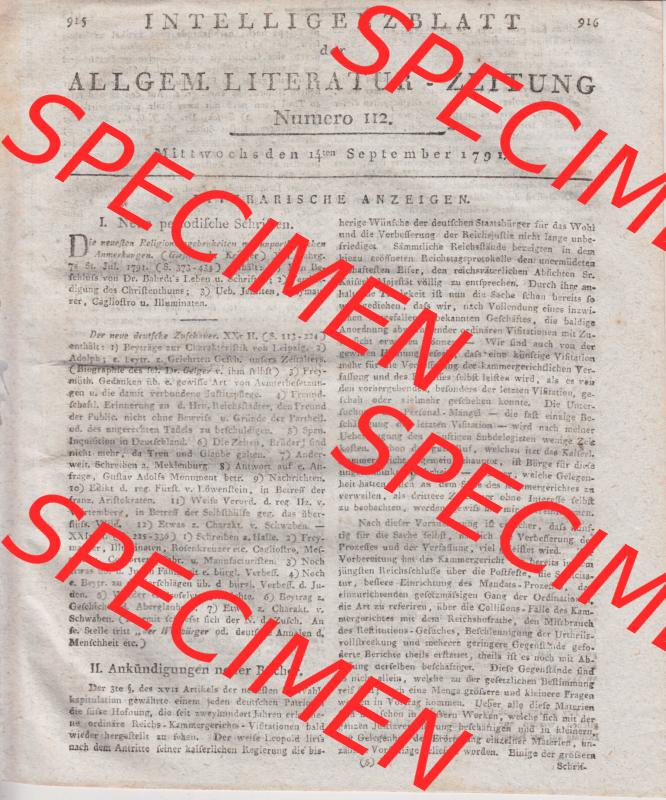 1701-1800, Heiliges Römisches Reich Deutscher Nation, Allgemeine Literatur-Zeitung 1791, Numero 112. vom 15 September 1791, Seite 915, 916 Sammlung