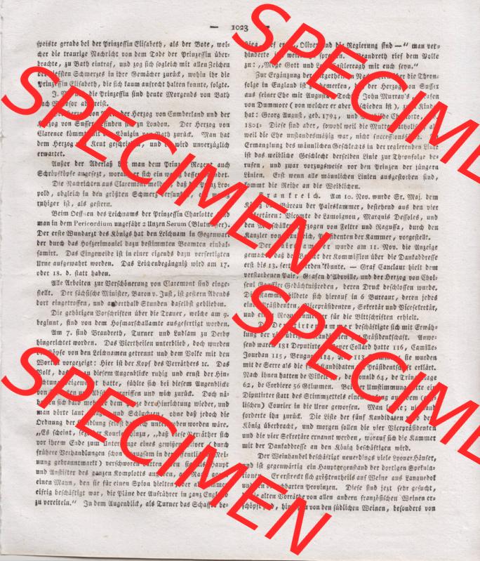 1807-1833, Bayern München: Baierische National-Zeitung 1817, Nr. 276, Artikel über Charlotte Augusta von Wales von München, Freitag den 21. November... Sammlung