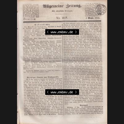 Deutscher Bund und „Heilige Allianz“, Allgemeine Zeitung 1845, Zeitschrift 247, vom 4. September 1845, Seite Cover / Titelblatt, mit... Sammlung