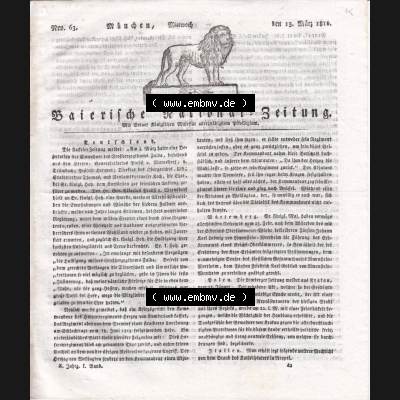 1807-1833, Bayern München: Baierische National-Zeitung 1816, Nro. 63, München, Mittwoch den 13. März 1816, Seite 253 (Cover / Titelblatt) Sammlung
