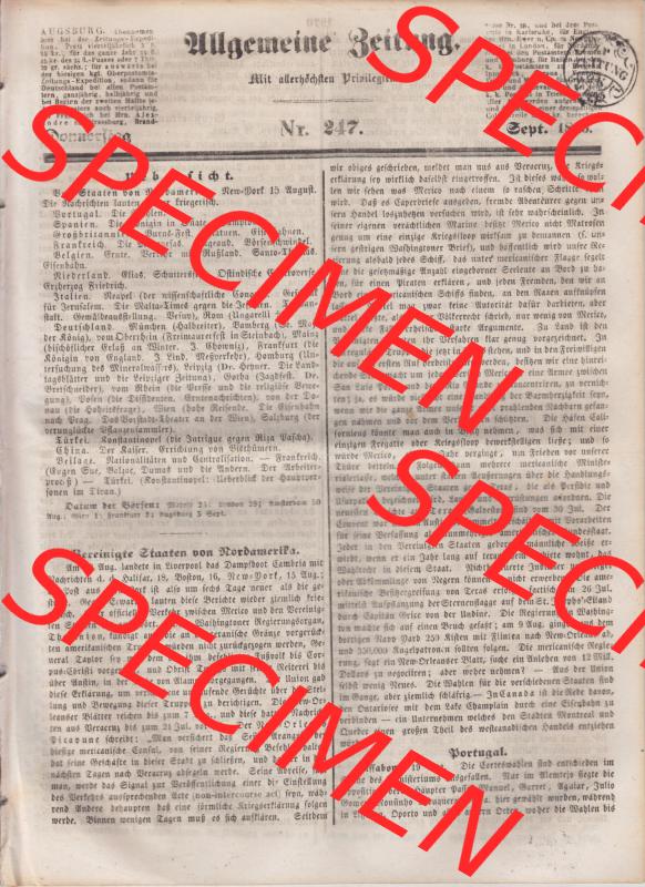 Deutscher Bund und „Heilige Allianz“, Allgemeine Zeitung 1845, Zeitschrift 247, vom 4. September 1845, Seite Cover / Titelblatt, mit... Sammlung