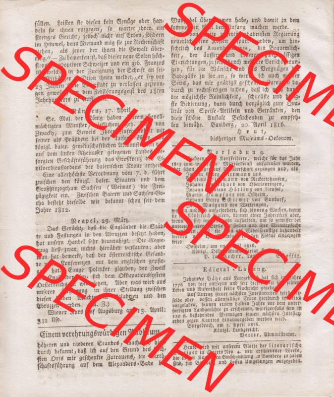 1809-1834, Bayern Bamberger: Zeitung Fränkischer Merkur 1816, Nro. 112, Bamberg, Sonntag, 21. April 1816, Seite 4. Sammlung