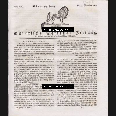 1807-1833, Bayern München: Baierische National-Zeitung 1817, Nr. 276, Artikel über Charlotte Augusta von Wales von München, Freitag den 21. November... Sammlung