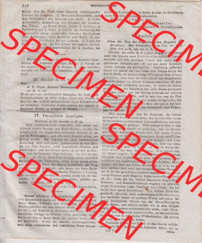 1701-1800, Heiliges Römisches Reich Deutscher Nation, Allgemeine Literatur-Zeitung 1791, Numero 112. vom 15 September 1791, Seite 919, 920 Sammlung