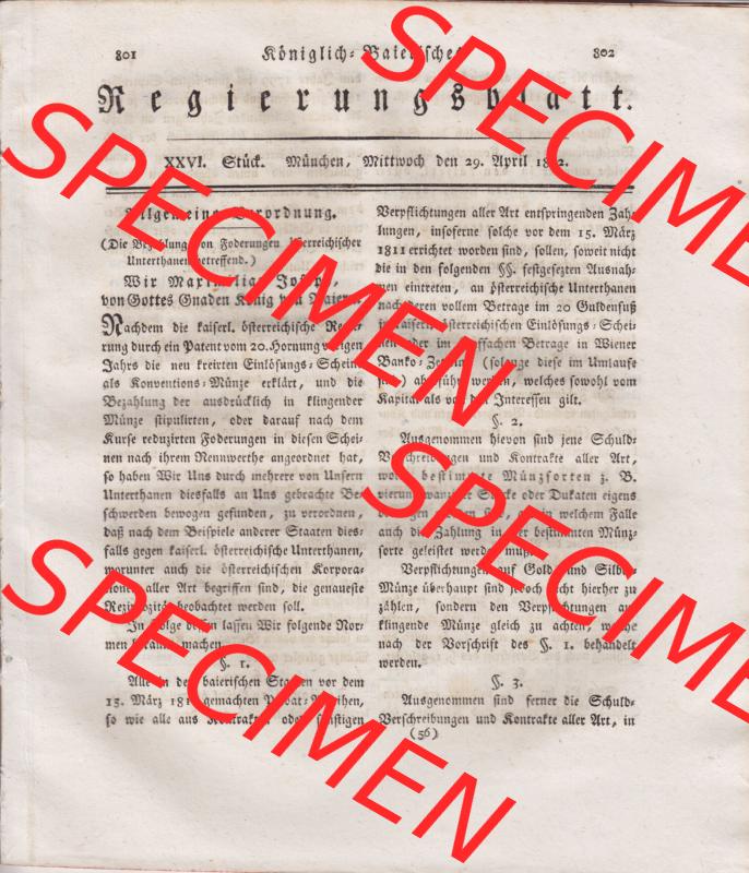 1806-1817, Rheinische Bundesstaaten, Rheinbund Königlich-Baierisches Regierungsblatt 1812, 26. Ausgabe - XXVI. Stück, München, Mittwoch,... Sammlung
