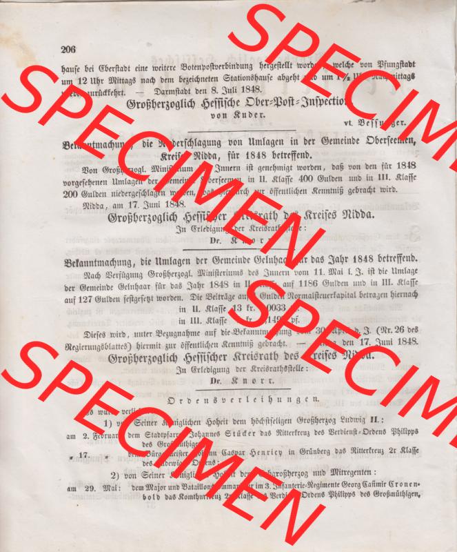 1807-1819, Großherzoglich Hessisches Regierungsblatt 1848, Nr. 35, Darmstadt am 22. Juli 1848, Seite 206 Sammlung