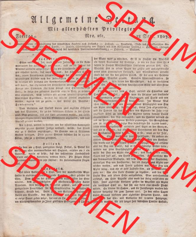 1807-1882, Allgemeine Zeitung 1807, Nr. 261, Freitag den 18 September 1807, Seite 1041, Cover - Titelblatt Sammlung