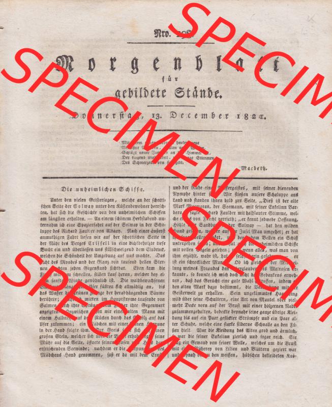 1807-1865, Morgenblatt für gebildete Stände 1821, Nro. 298, 13. Dezember 1821, Seite 1189, Cover - Titelblatt Sammlung