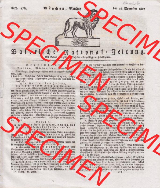 1807-1833, Bayern München: Baierische National-Zeitung 1817, Nr. 278, von München, Montag den 24. November 1817, Seite 1029, Cover - Titelblatt... Sammlung