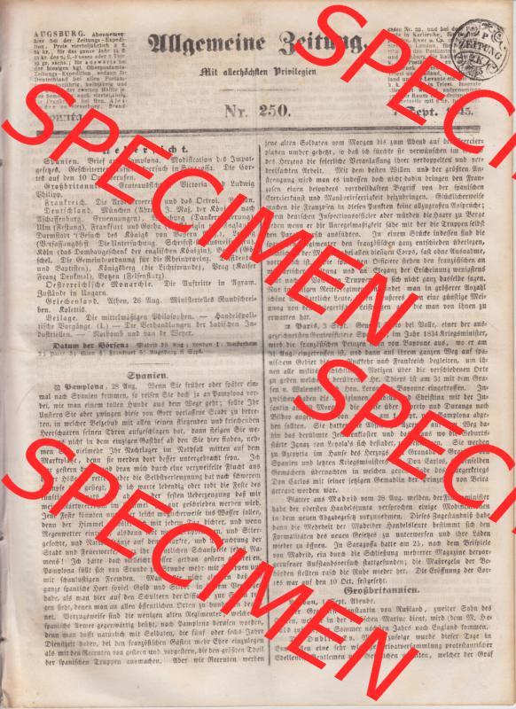 Deutscher Bund und „Heilige Allianz“, Allgemeine Zeitung 1845, Zeitschrift Nr. 250 vom Sonntag den 7. September 1845, Seite 1993, Cover... Sammlung
