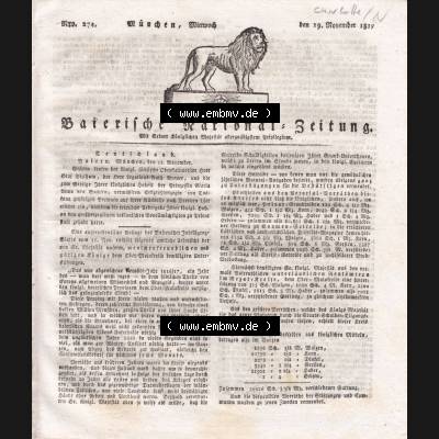 1807-1833, Bayern München: Baierische National-Zeitung 1817, Nr. 274, von München, Mittwoch den 19. November 1817, Charlotte Augusta von Wales... Sammlung