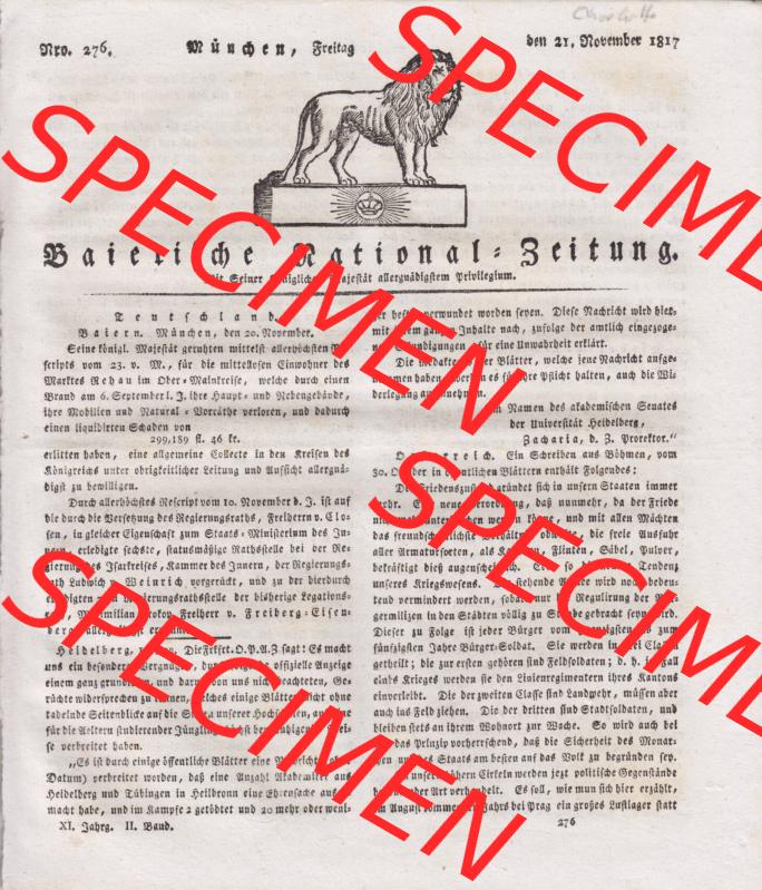 1807-1833, Bayern München: Baierische National-Zeitung 1817, Nr. 276, Artikel über Charlotte Augusta von Wales von München, Freitag den 21. November... Sammlung