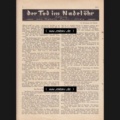 Weimarer Republik Zeitschrift Welt und Haus 1932, 32. Jahrgang, 12. November 1932, Heft Nr. 7. Seite 4, Der Tod im Nadelöhr - Roman von Nobert Fuchs... Sammlung