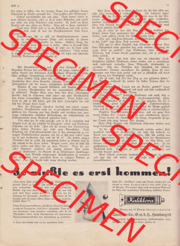 Zeitschrift Welt und Haus 1932 Heft 9 von 26. November 1932, Seite 15, Roman Fortsetzung - Kommt wieder, Menschenkinder von Grete Neumann - Löchitz mit Werbeanzeige Kaliklora Sammlung