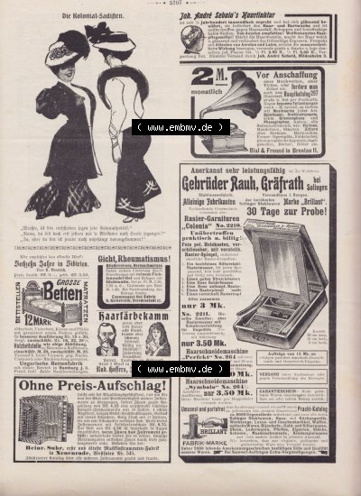 Der wahre Jacob 1908, Satire-Zeitschrift Blatt 562, Seite 5707, Die Kolonial-Sadisten, und Werbeanzeigen in der Satire Zeitschrift Sammlung