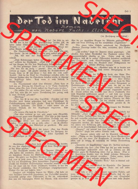 Weimarer Republik Zeitschrift Welt und Haus 1932, 32. Jahrgang, 12. November 1932, Heft Nr. 7. Seite 4, Der Tod im Nadelöhr - Roman von Nobert Fuchs... Sammlung