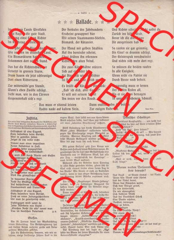 Der wahre Jacob 1908, Satire-Zeitschrift Blatt 561, Seite 5686, Ballade, Das muss er sitzend leisten Nachts nackt auf kalten Stein, Dann endlich gehn die beiden zur ewigen... Sammlung