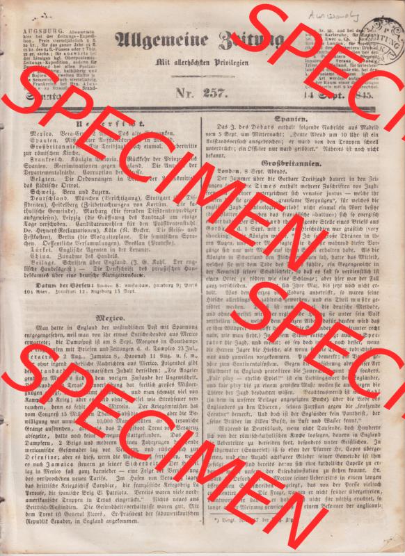 Deutscher Bund und „Heilige Allianz“, Allgemeine Zeitung 1845, Nr. 257. vom Sonntag den 14. September 1845, Seite 2049 mit Cover /... Sammlung