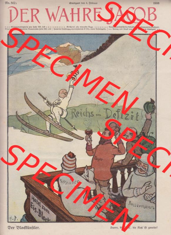 Der wahre Jacob 1908, Satire-Zeitschrift Blatt 562, Seite 5697, Reichs-Defizit, Hotel zum Eis-Block, Der Block-fünftler, Cover und Titelblatt der Satire-Zeitschrift Sammlung