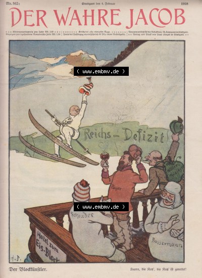 Reichs-Defizit, Hotel zum Eis-Block, Der Block-fünftler, Cover und Titelblatt der Satire-Zeitschrift Sammlung