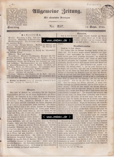 Allgemeine Zeitung 1845, Nr. 257. vom Sonntag den 14. September 1845, Cover / Titelblatt Sammlung