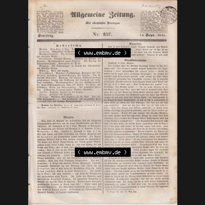 Deutscher Bund und „Heilige Allianz“, Allgemeine Zeitung 1845, Nr. 257. vom Sonntag den 14. September 1845, Seite 2049 mit Cover /... Sammlung