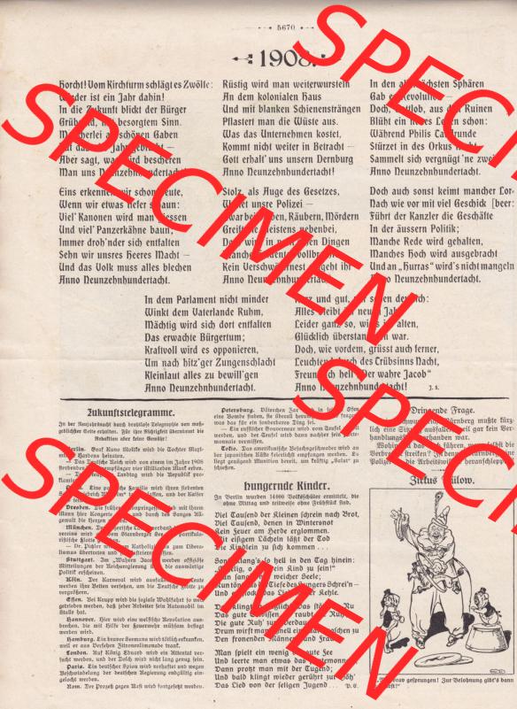 Der wahre Jacob 1908, Satire-Zeitschrift Blatt 560, Seite 5670, Zukunftstelegramme, Hungernde Kinder, Zirkus Bülow Sammlung