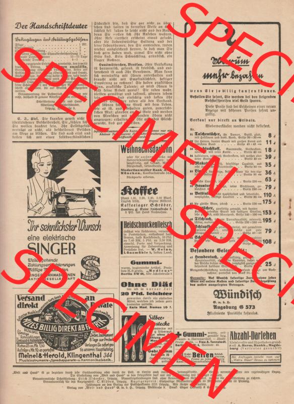 Weimarer Republik Zeitschrift Welt und Haus 1932, 32. Jahrgang, 19. November 1932, Heft Nr. 8. Cover - Rückseite Sammlung