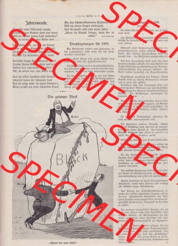 Der wahre Jacob 1908, Satire-Zeitschrift Blatt 560, Seite 5674, Jahreswende, Der geleimte Block, Prophezeiungen für 1908 Sammlung