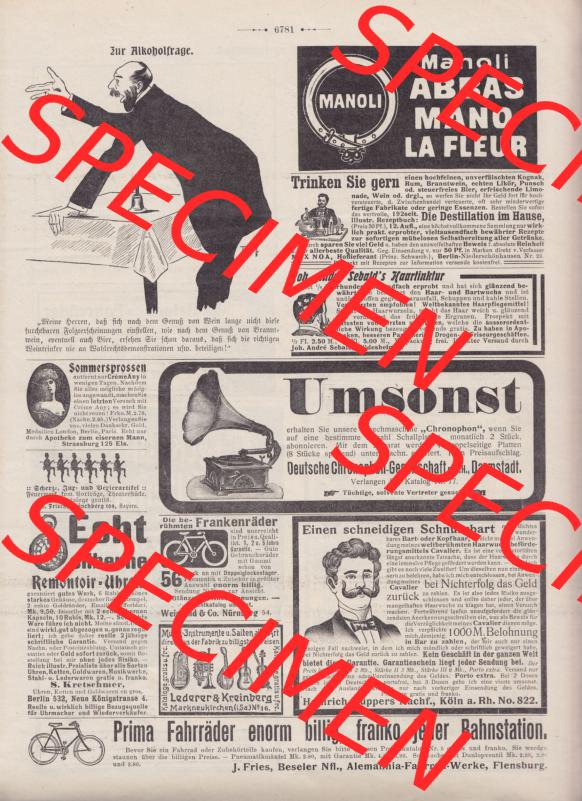 Der wahre Jacob 1908, Satire-Zeitschrift Blatt 567, Seite 5781, Die Alkoholfrage und Werbeanzeigen im Wahren Jacob, Stuttgart vom 14. April 1908 Sammlung