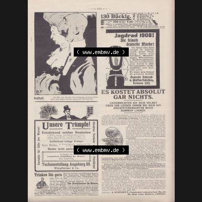 Der wahre Jacob 1908, Satire-Zeitschrift Blatt 566, Seite 5767, Hofball Karikatur und Werbeanzeige, Unserere Trümpfe, Satire Zeitung vom 31. März 1908 Sammlung