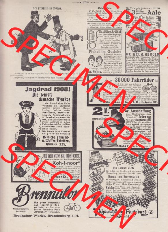 Der wahre Jacob 1908, Satire-Zeitschrift Blatt 567, Seite 5780, 6780, Der Freisinn in Nöten und Werbeanzeigen im Wahren Jacob von 1908, Stuttgart vom 14. April... Sammlung