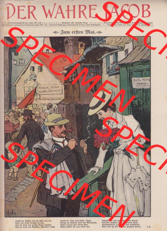 Der wahre Jacob 1908, Satire-Zeitschrift Blatt 568, Seite 5785, Cover - Titelblatt, Zum ersten Mai, vom 28. April 1908, Satire vom deutschen Kaiserreich Sammlung
