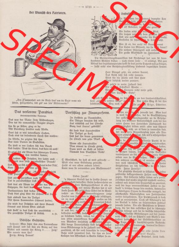 Der wahre Jacob 1908, Satire-Zeitschrift Blatt 564, Seite 5723, Karikatur - Der Wunsch des Patrioten und Das verlorene Paradies und Vorschlag zur Finanzreform, Satirische Zeitung... Sammlung