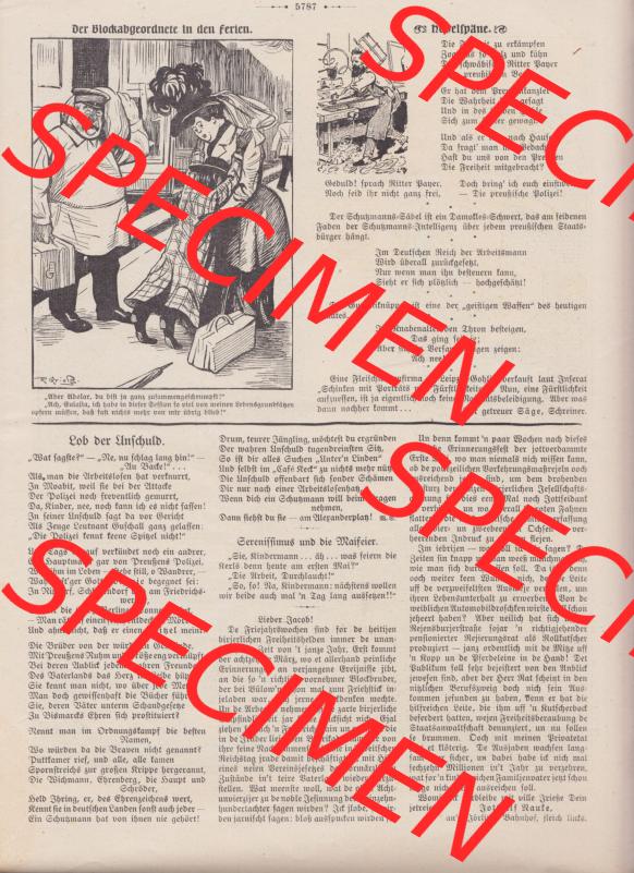 Der wahre Jacob 1908, Satire-Zeitschrift Blatt 568, Seite 5787, Der Block-Abgeordnete in den Ferien und Lob der Unschuld, vom 28. April 1908, Satire vom deutschen Kaiserreich Sammlung