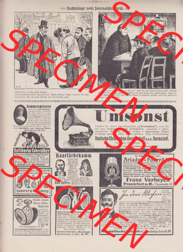 Der wahre Jacob 1908, Satire-Zeitschrift Blatt 568, Seite 5796, Nach-Klänge vom Jornalistenstreik und Webeanzeigen ua, Ariadne-Fahrräder, vom 28. April 1908 Sammlung
