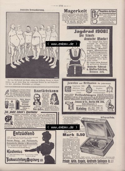 Der wahre Jacob 1908, Satire-Zeitschrift Blatt 564, Seite 5735, Politische Demaskierung und Werbeanzeigen 1908 im Deutschen Kaiserreich,... Sammlung