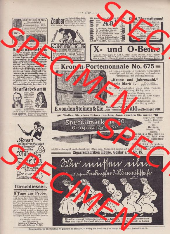 Der wahre Jacob 1908, Satire-Zeitschrift Blatt 563, Seite 5720, Werbeanzeigen in der Jacob Zeitschrift, Zeitschrift vom 18. Februar 1908 Sammlung