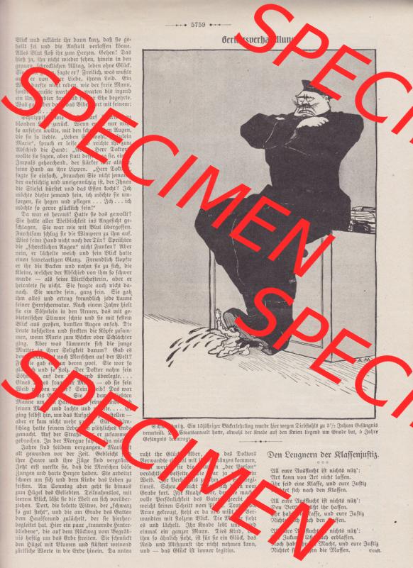 Der wahre Jacob 1908, Satire-Zeitschrift Blatt 566, Seite 5759, Gerichtsverwandlung, Satirischer Artikel mit Bild, Satire Zeitung vom 31. März 1908 Sammlung