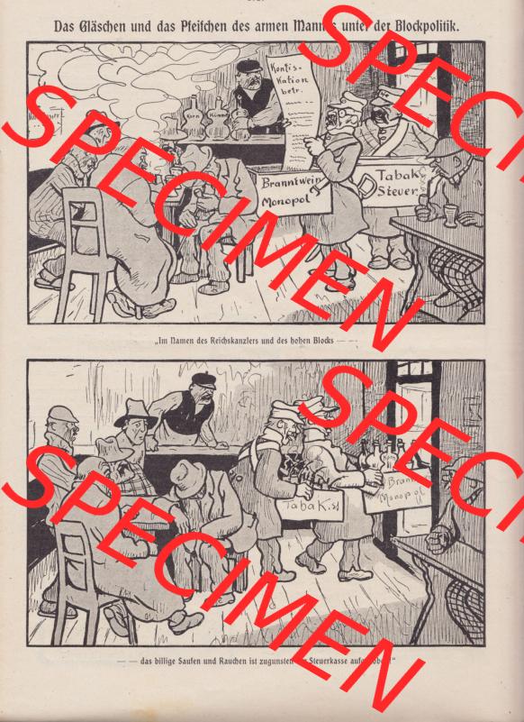 Der wahre Jacob 1908, Satire-Zeitschrift Blatt 563, Seite 5717, Das Gläschen und das Pfeifchen des armen Mannes unter der Blockpolitik, Branntwein Monopol, Tabak-steuer,... Sammlung