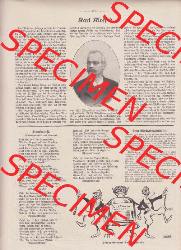 Der wahre Jacob 1908, Satire-Zeitschrift Blatt 564, Seite 5722, Artikel Karl Klotz und Hanswurst, Satirische Zeitung vom 3. März 1908 Sammlung