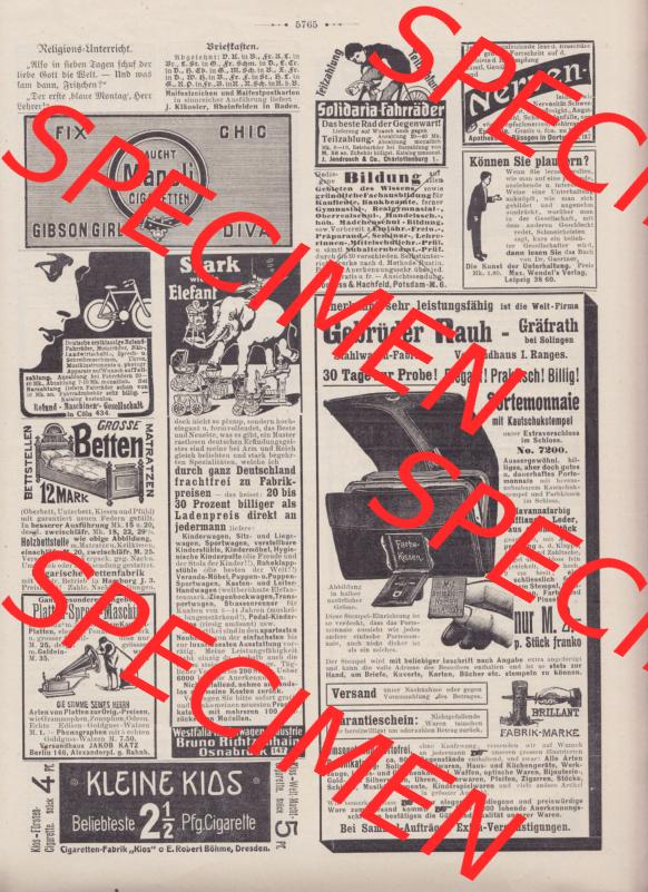 Der wahre Jacob 1908, Satire-Zeitschrift Blatt 566, Seite 5765, Werbeanzeigen beim wahren Jacob 1908, Satire Zeitung vom 31. März 1908 Sammlung