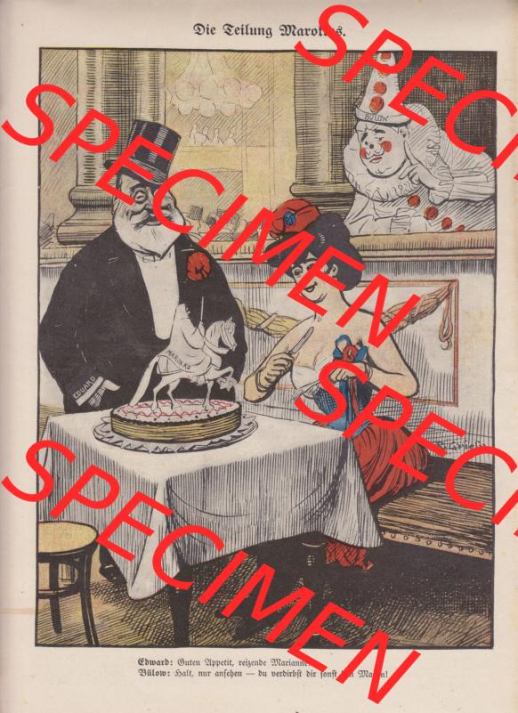Der wahre Jacob 1908, Satire-Zeitschrift Blatt 565, Seite 5740, Cover Rückseite - Karikatur Die Teilung Marokkos, politische Satire-Zeitschrift vom 17. März 1908 Sammlung