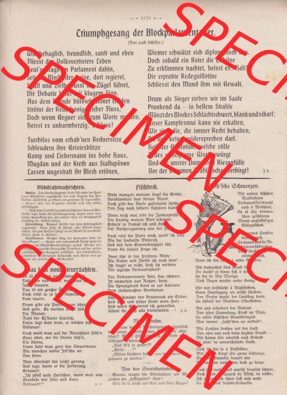 Der wahre Jacob 1908, Satire-Zeitschrift Blatt 567, Seite 5770, Triumphgesang der Blockparlamentarier, Das Lied vom Steuerzahlern, Stuttgart vom 14. April 1908 Sammlung