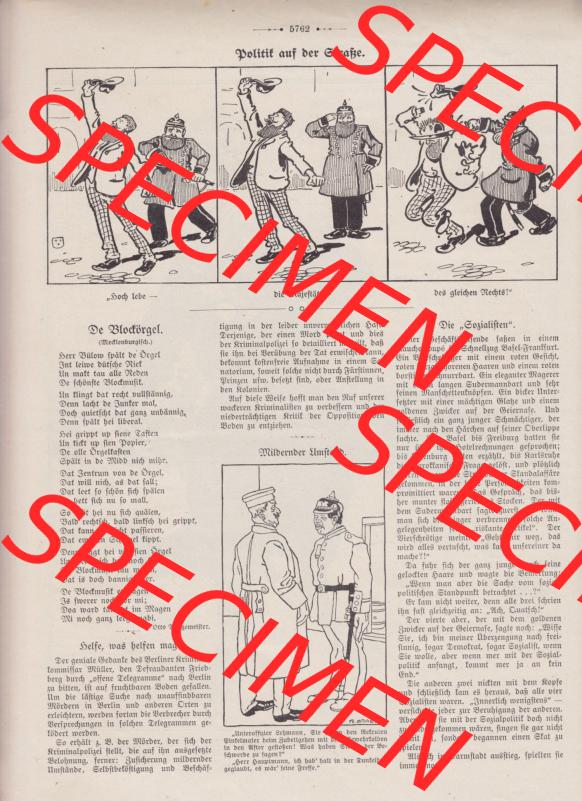 Der wahre Jacob 1908, Satire-Zeitschrift Blatt 566, Seite 5762, Polizist auf der STraße und De Block-örgel, helfe was helfen mag, Satire Zeitung vom 31.... Sammlung