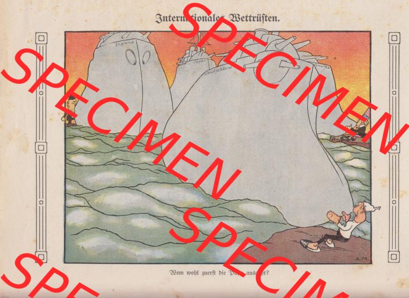 Der wahre Jacob 1908, Satire-Zeitschrift Blatt 566, Seite 5755, Karikatur über das Internationale Wettrüsten. Wem wohl zuerst die Puste asusgeht, Satire Zeitung... Sammlung